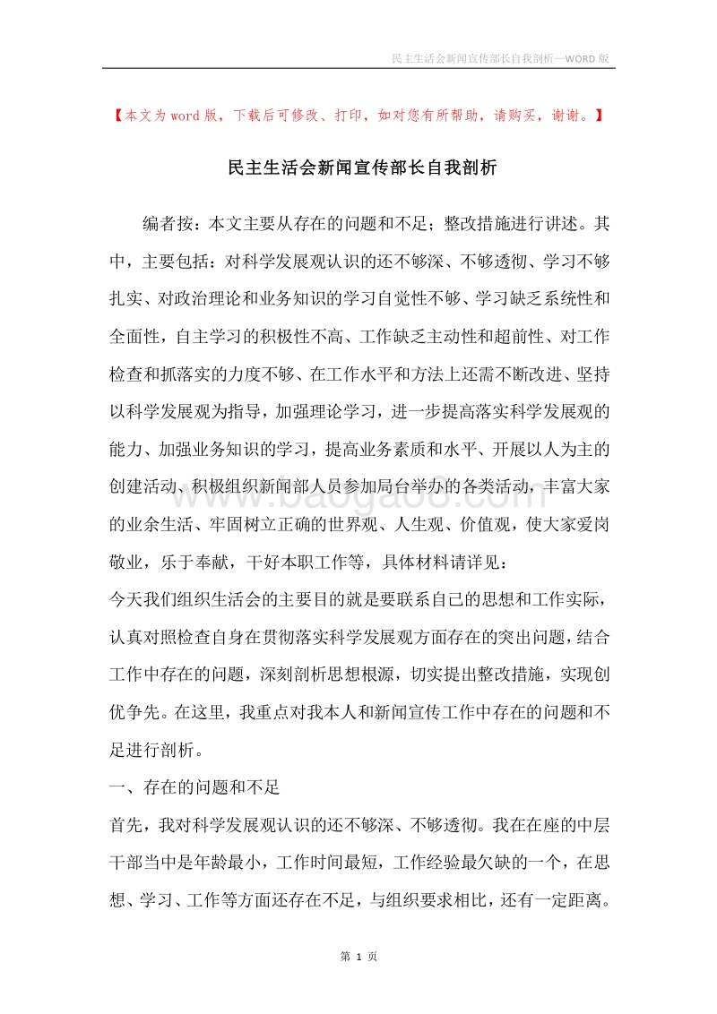 民主生活会新闻宣传部长自我剖析.docx_第1页