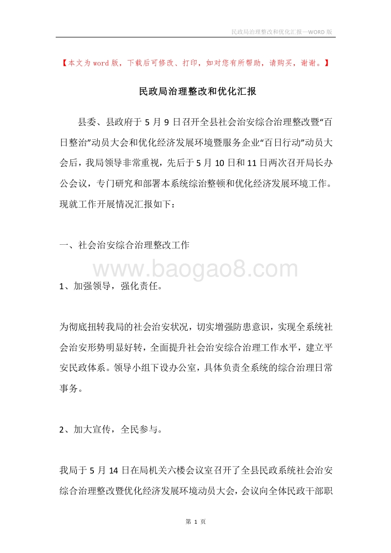 民政局治理整改和优化汇报.docx_第1页