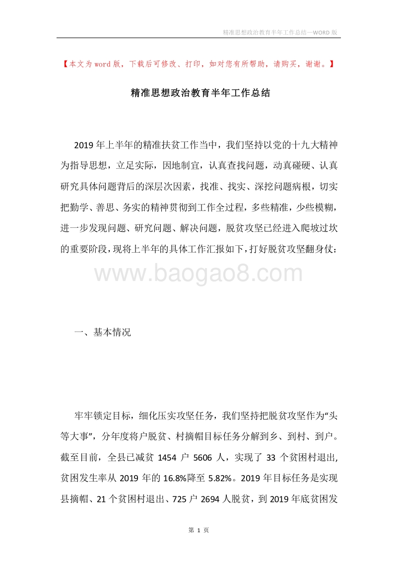 精准思想政治教育半年工作总结.docx_第1页