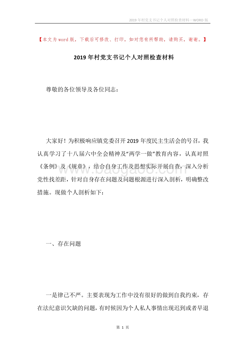 2019年村党支书记个人对照检查材料.docx_第1页