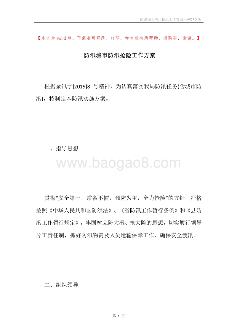 防汛城市防汛抢险工作方案.docx_第1页