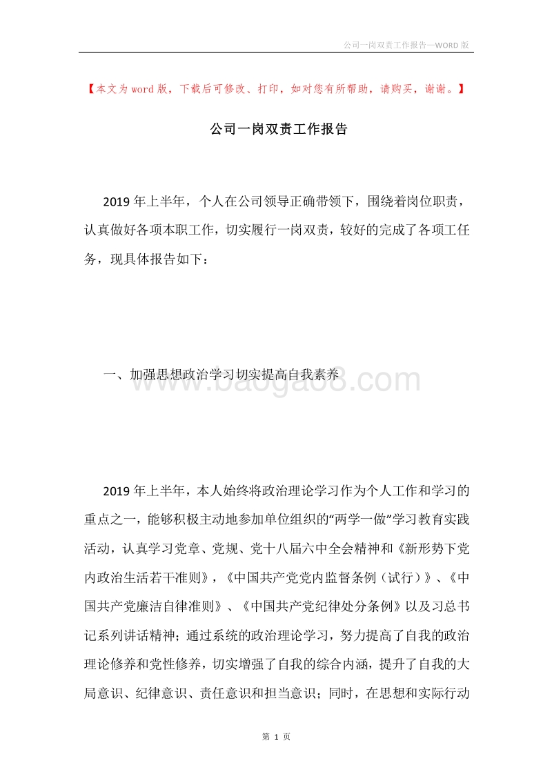 公司一岗双责工作报告.docx_第1页