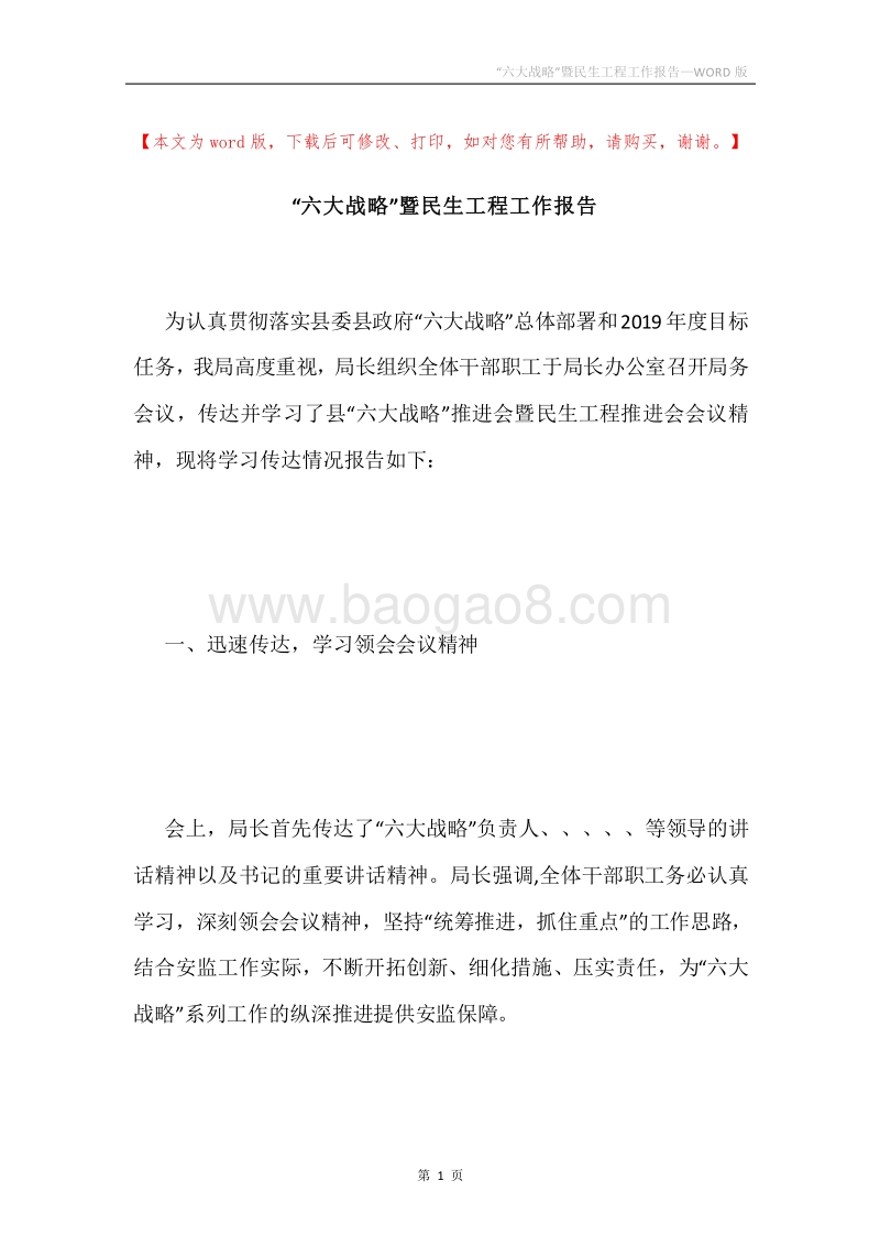 “六大战略”暨民生工程工作报告.docx_第1页