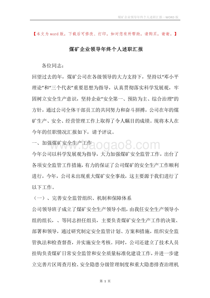 煤矿企业领导年终个人述职汇报.docx_第1页