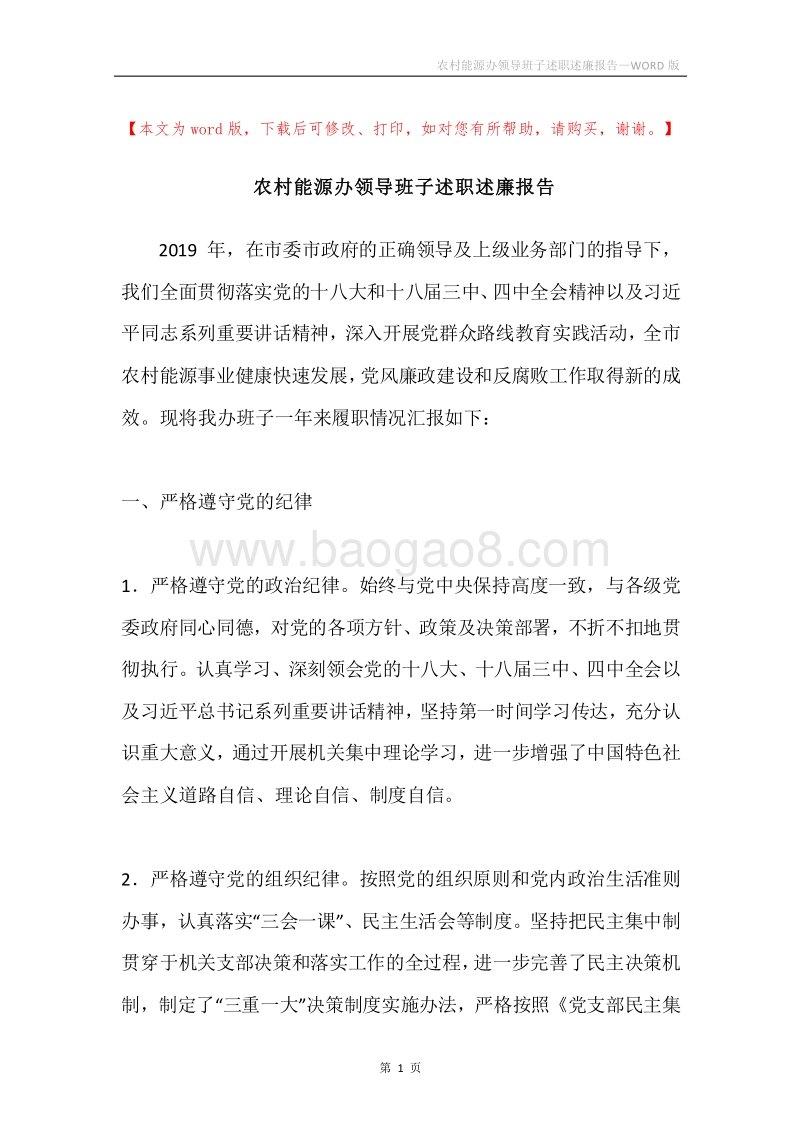 农村能源办领导班子述职述廉报告.docx_第1页