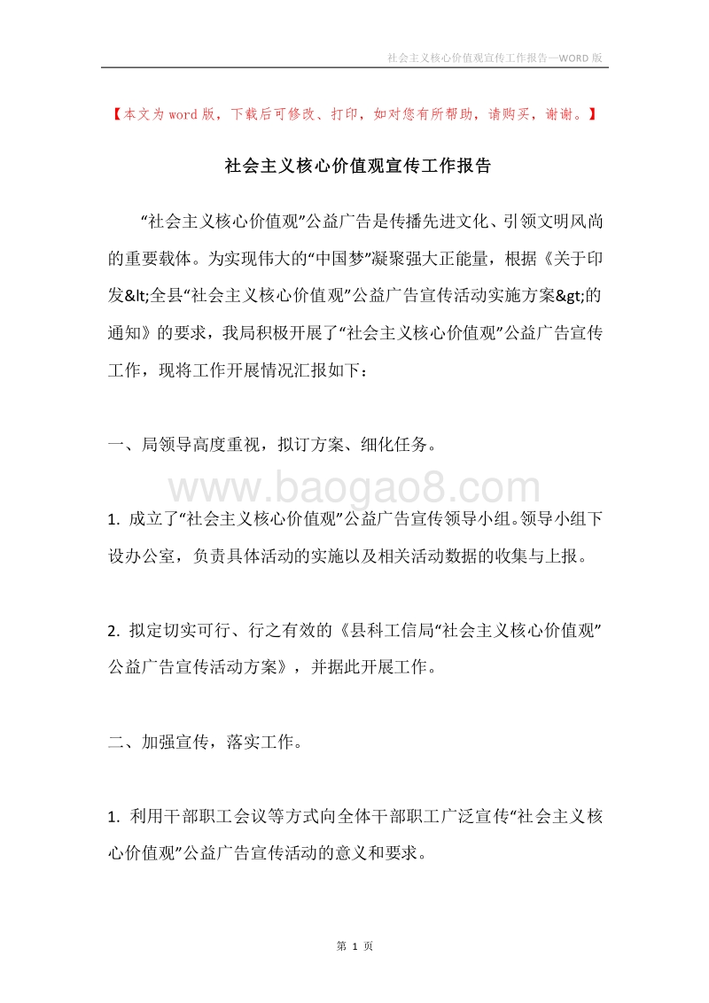 社会主义核心价值观宣传工作报告.docx_第1页