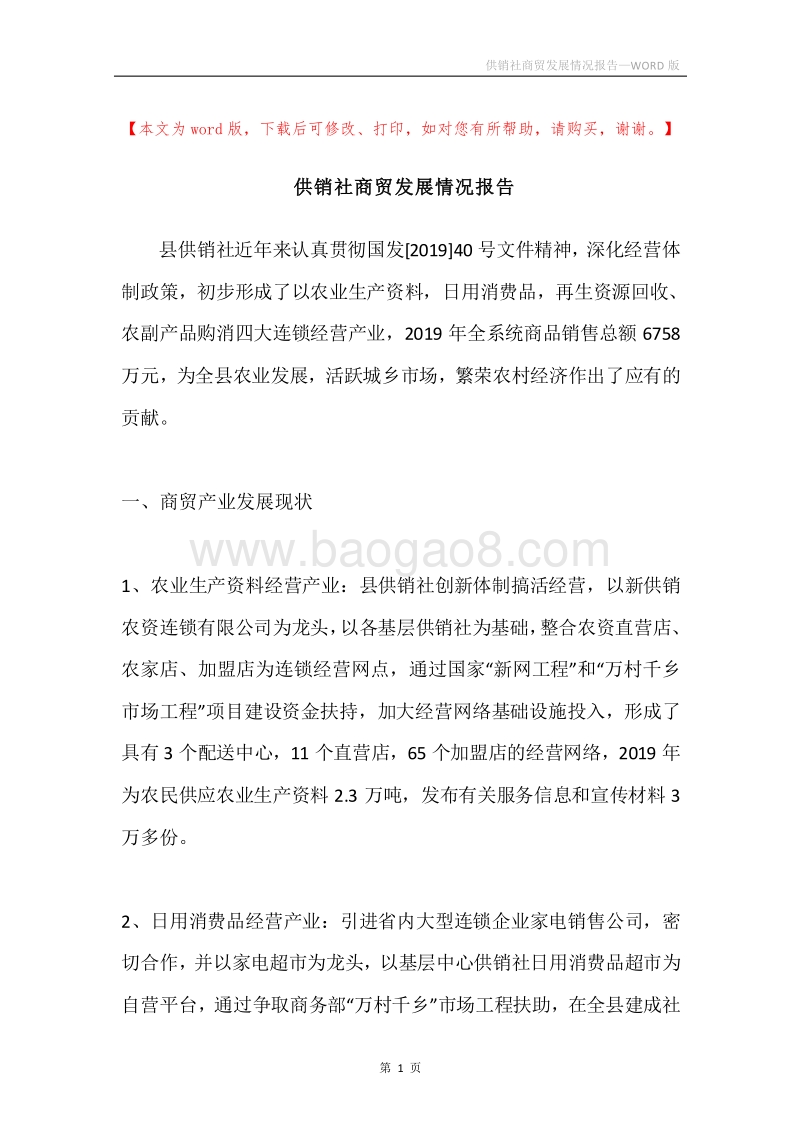 供销社商贸发展情况报告.docx_第1页