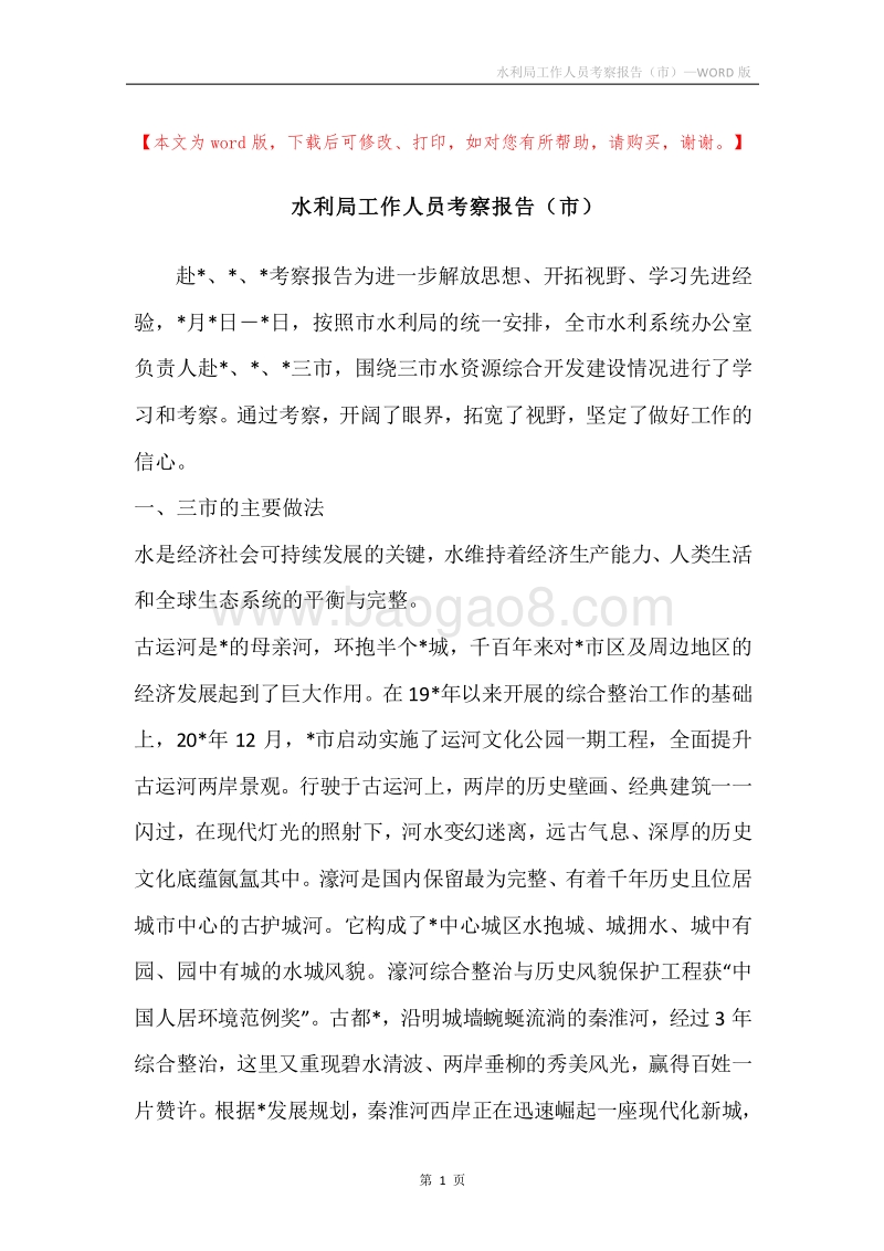 水利局工作人员考察报告（市）.docx_第1页