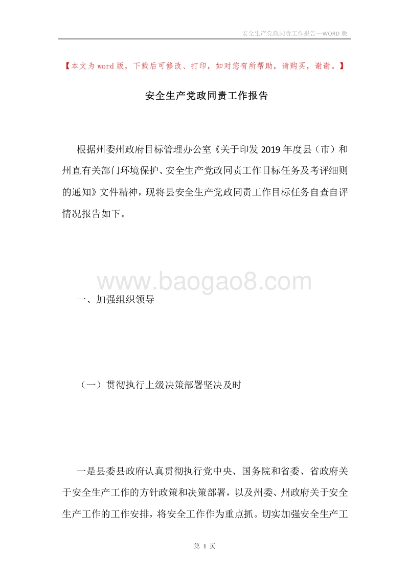 安全生产党政同责工作报告.docx_第1页