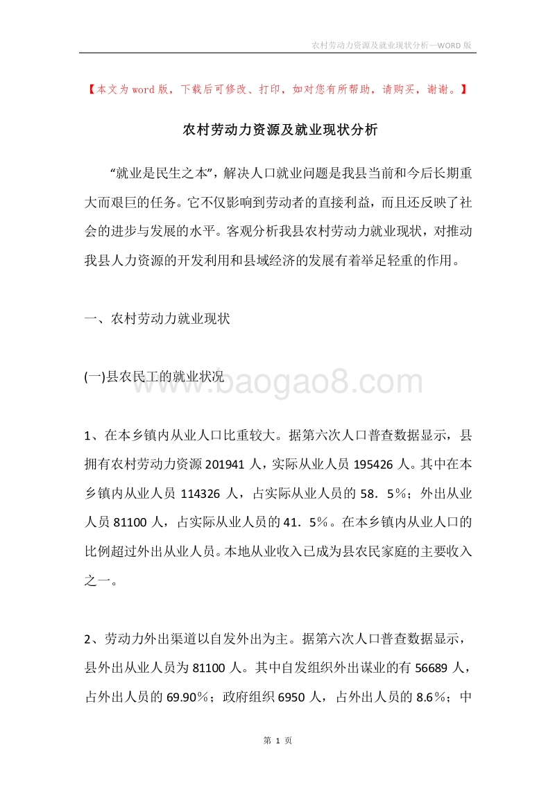 农村劳动力资源及就业现状分析.docx_第1页
