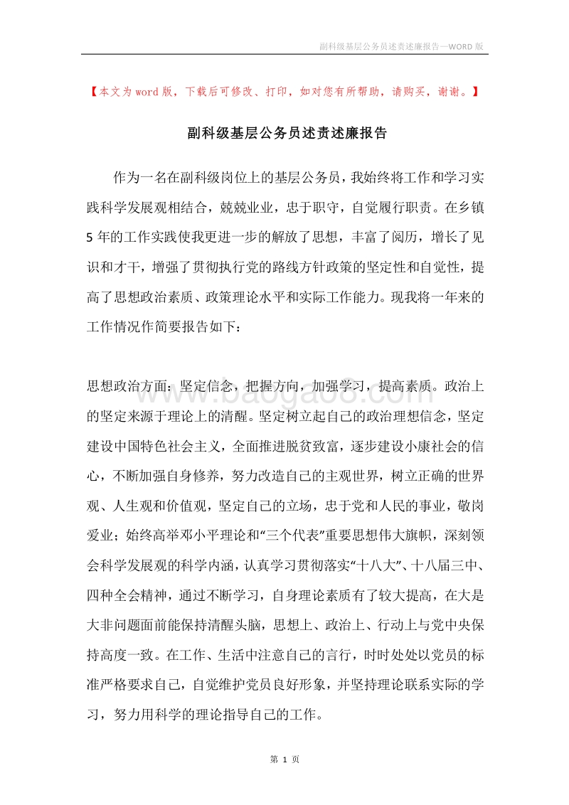 副科级基层公务员述责述廉报告.docx_第1页