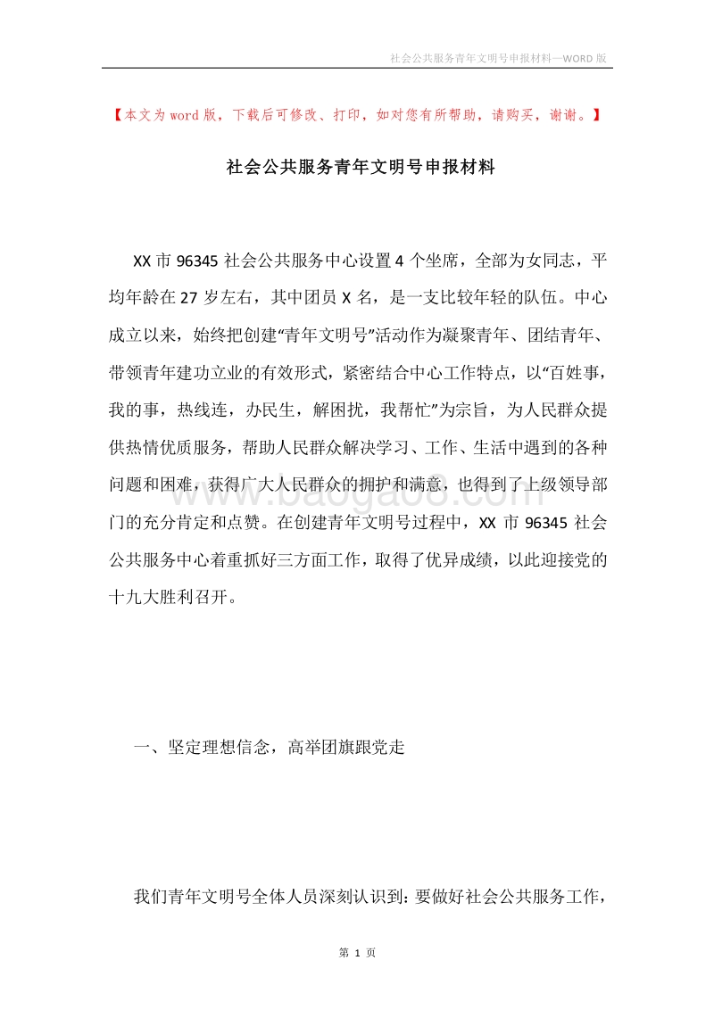 社会公共服务青年文明号申报材料.docx_第1页