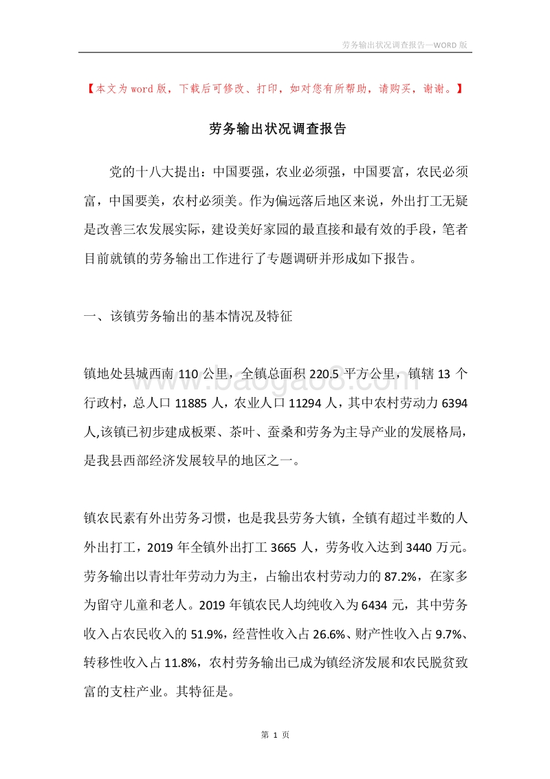 劳务输出状况调查报告.docx_第1页