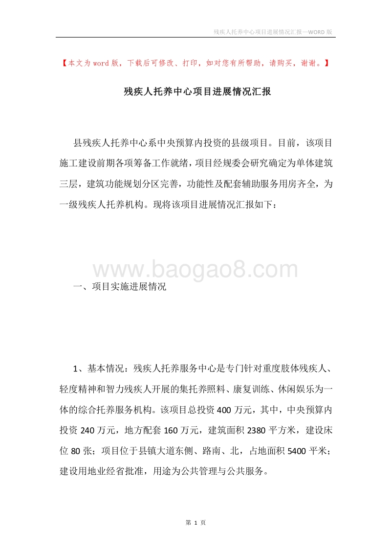 残疾人托养中心项目进展情况汇报.docx_第1页