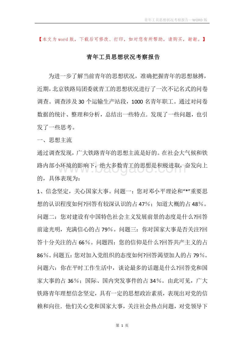 青年工员思想状况考察报告.docx_第1页
