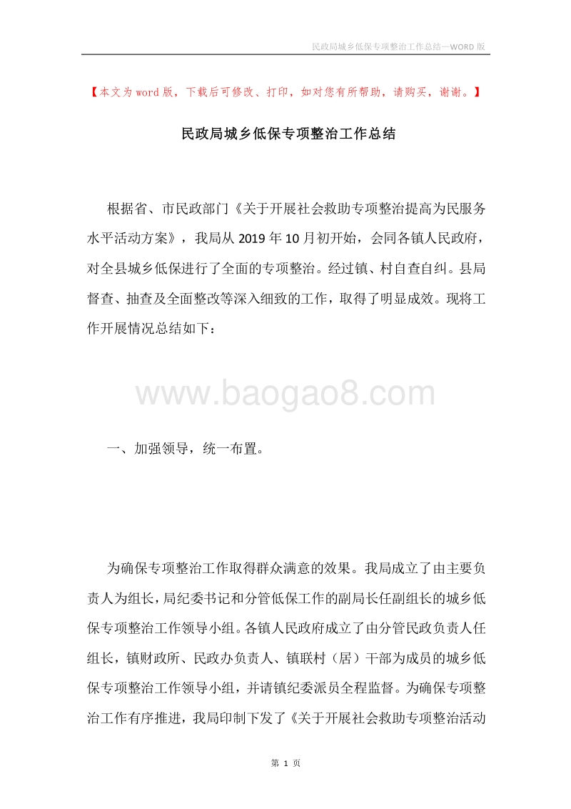 民政局城乡低保专项整治工作总结.docx_第1页