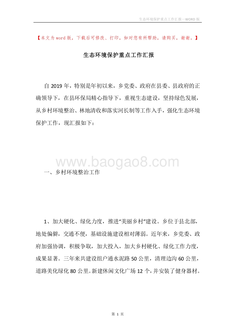 生态环境保护重点工作汇报.docx_第1页