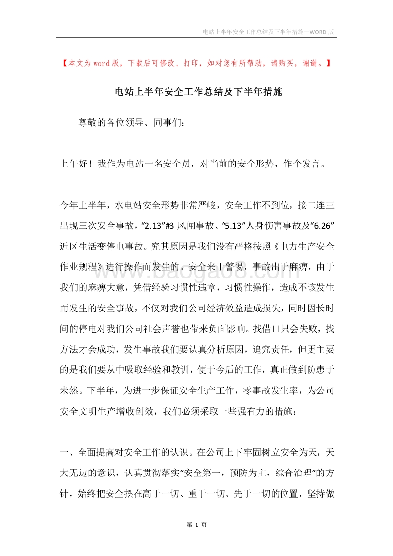 电站上半年安全工作总结及下半年措施.docx_第1页