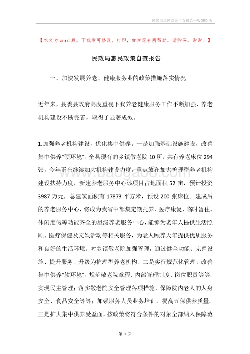 民政局惠民政策自查报告.docx_第1页