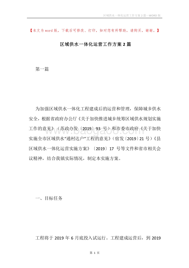 区域供水一体化运营工作方案2篇.docx_第1页