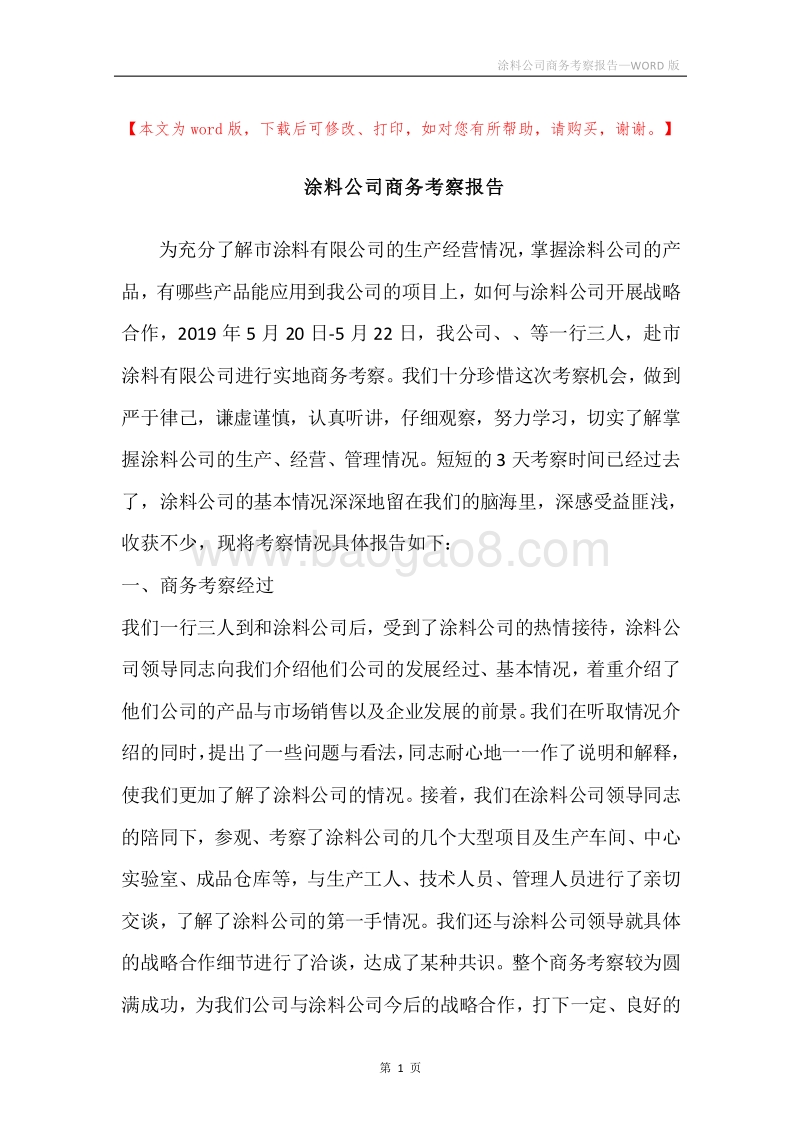 涂料公司商务考察报告.docx_第1页