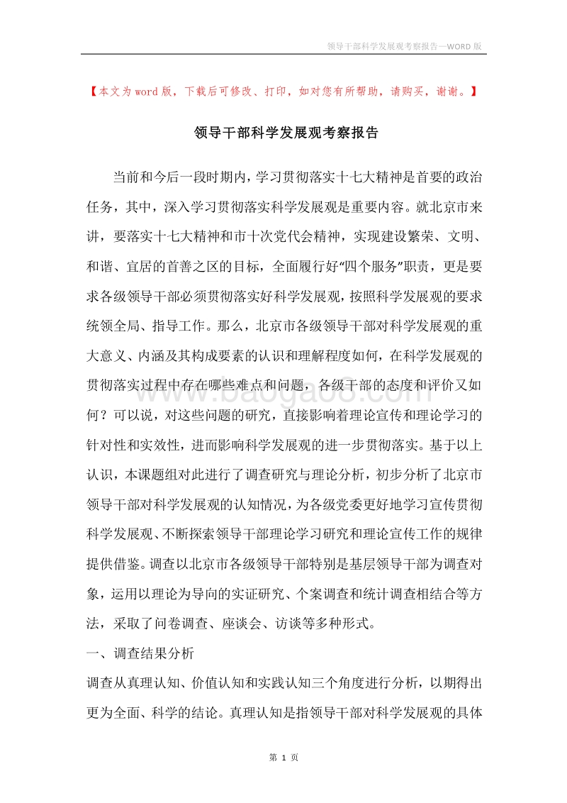 领导干部科学发展观考察报告.docx_第1页