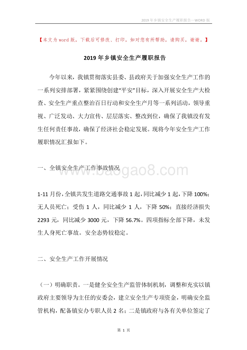 2019年乡镇安全生产履职报告.docx_第1页