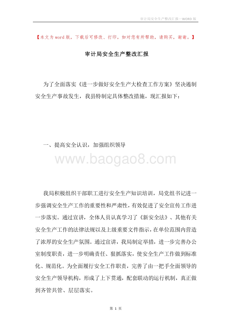 审计局安全生产整改汇报.docx_第1页