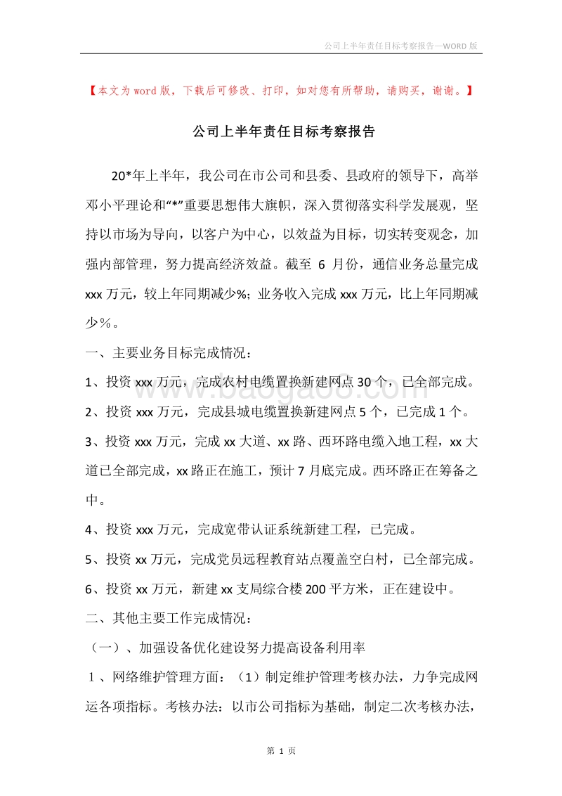 公司上半年责任目标考察报告.docx_第1页