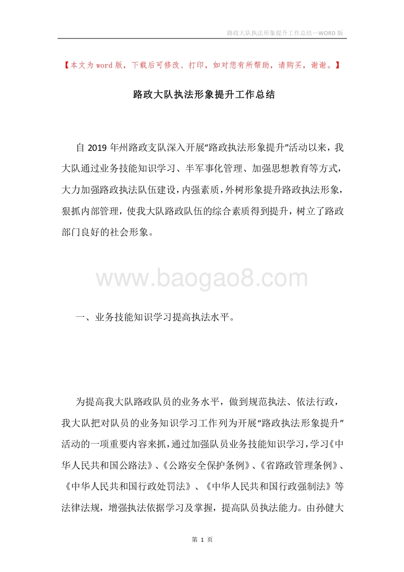 路政大队执法形象提升工作总结.docx_第1页