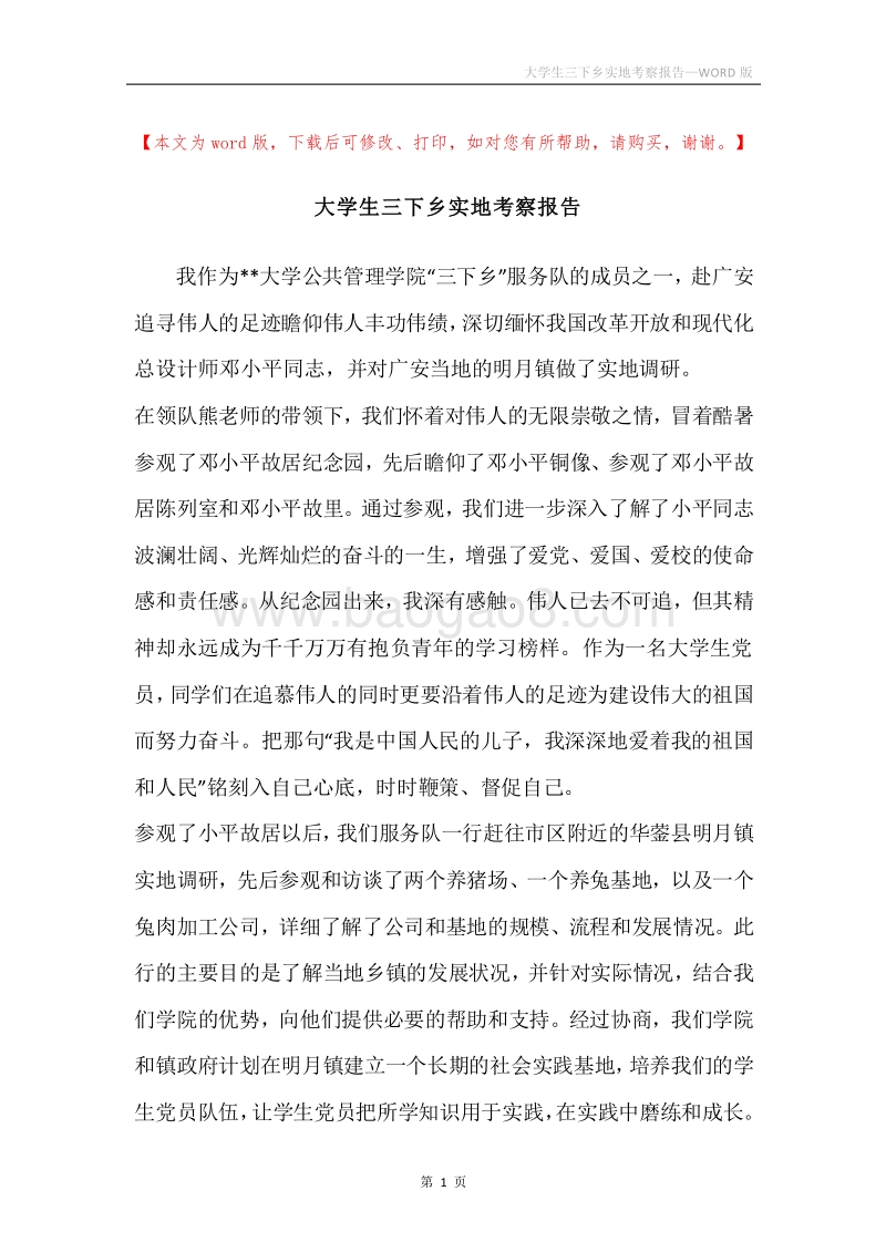 大学生三下乡实地考察报告.docx_第1页
