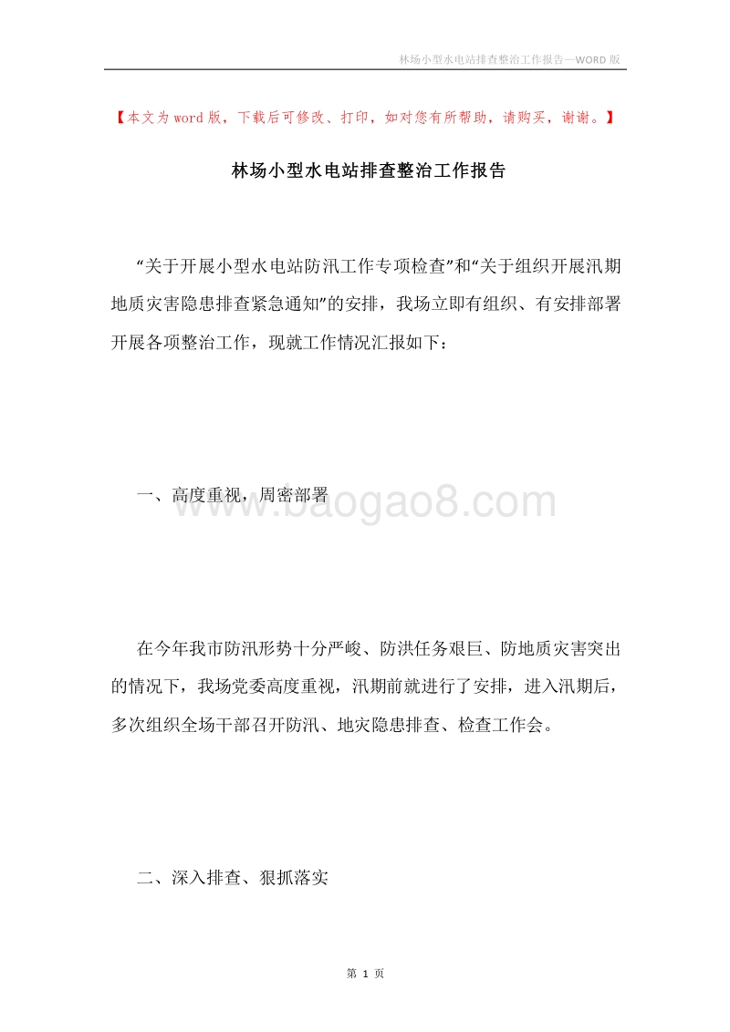 林场小型水电站排查整治工作报告.docx_第1页