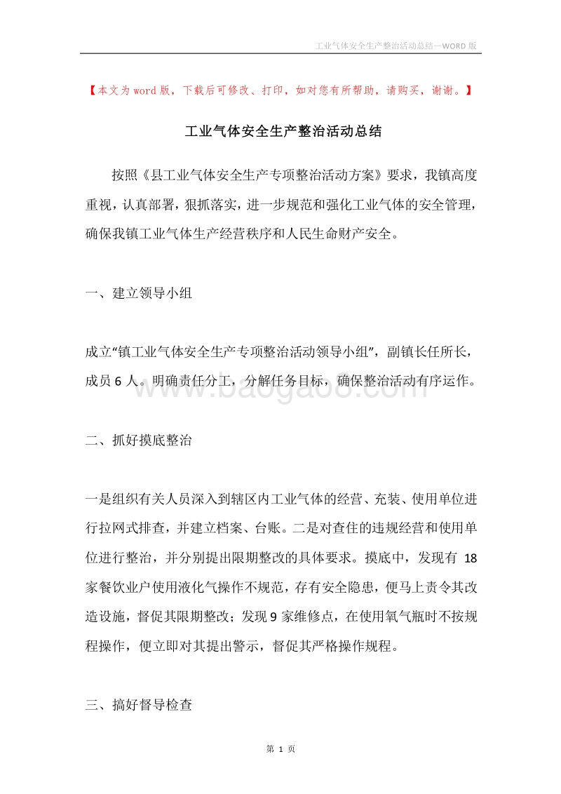 工业气体安全生产整治活动总结.docx_第1页