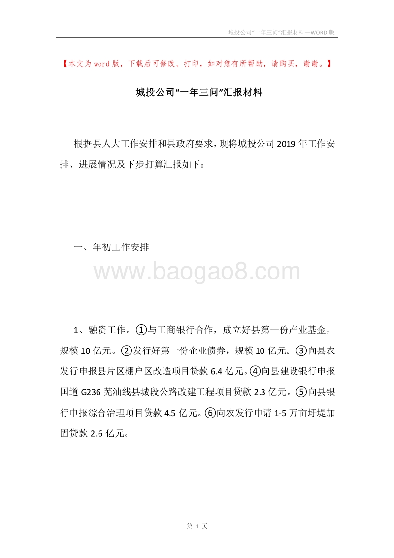 城投公司“一年三问”汇报材料.docx_第1页