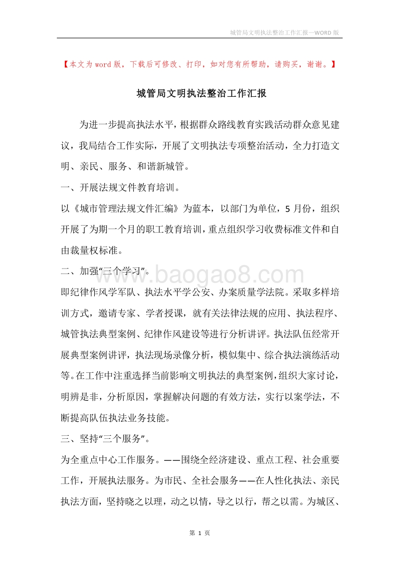 城管局文明执法整治工作汇报.docx_第1页