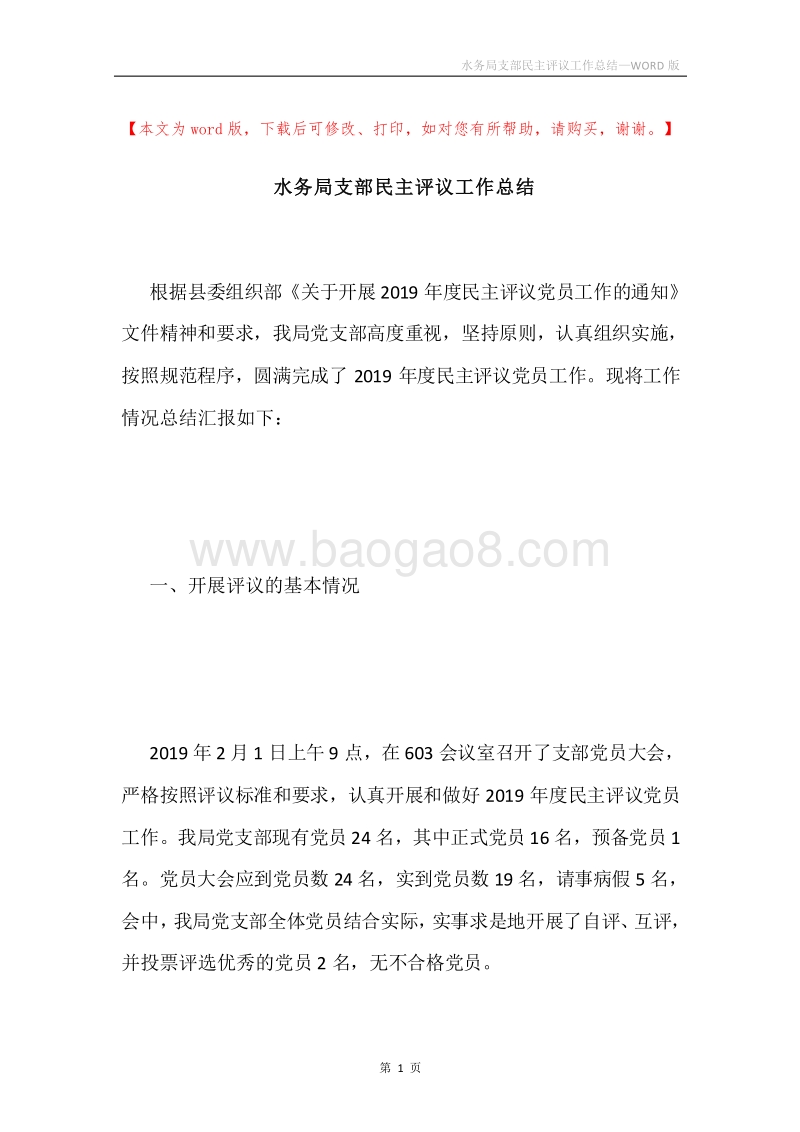 水务局支部民主评议工作总结.docx_第1页