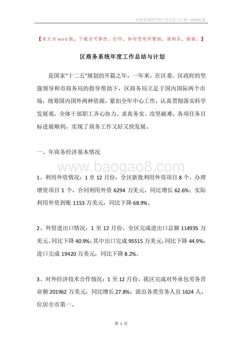 区商务系统年度工作总结与计划.docx_第1页