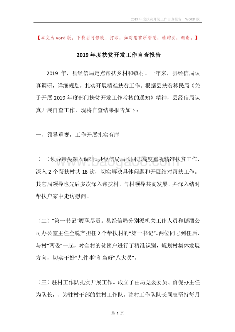 2019年度扶贫开发工作自查报告.docx_第1页