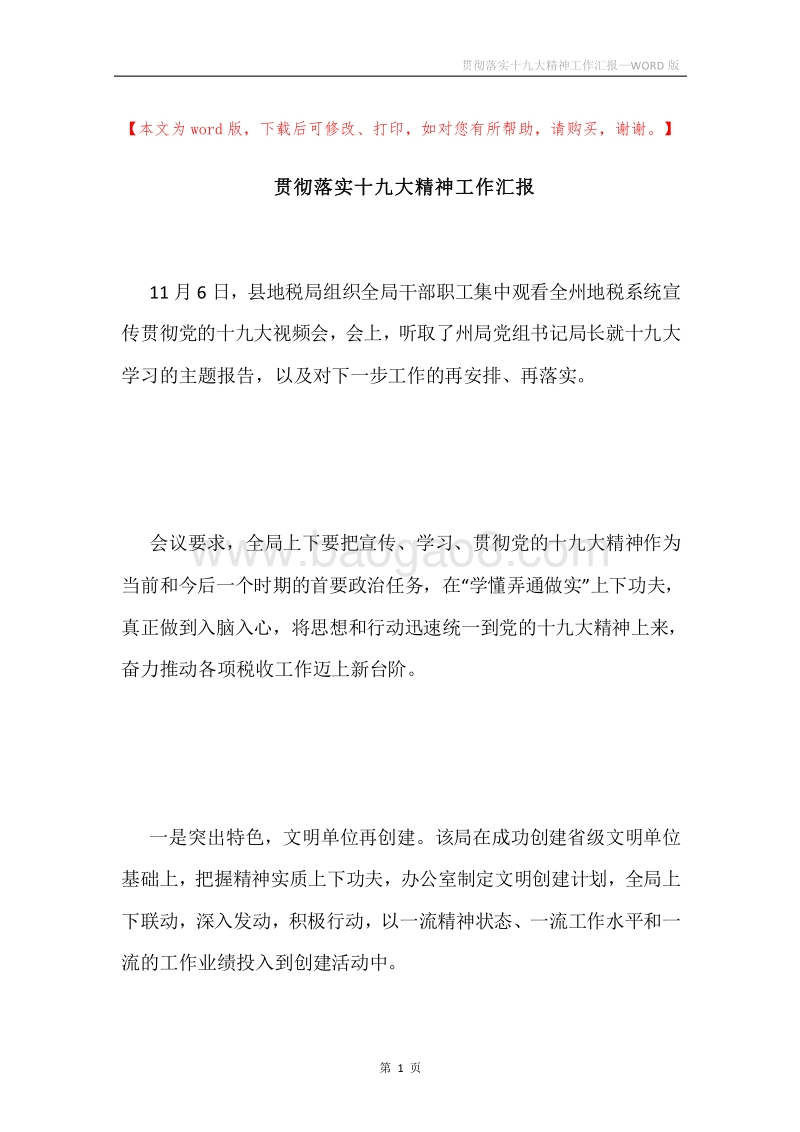 贯彻落实十九大精神工作汇报.docx_第1页