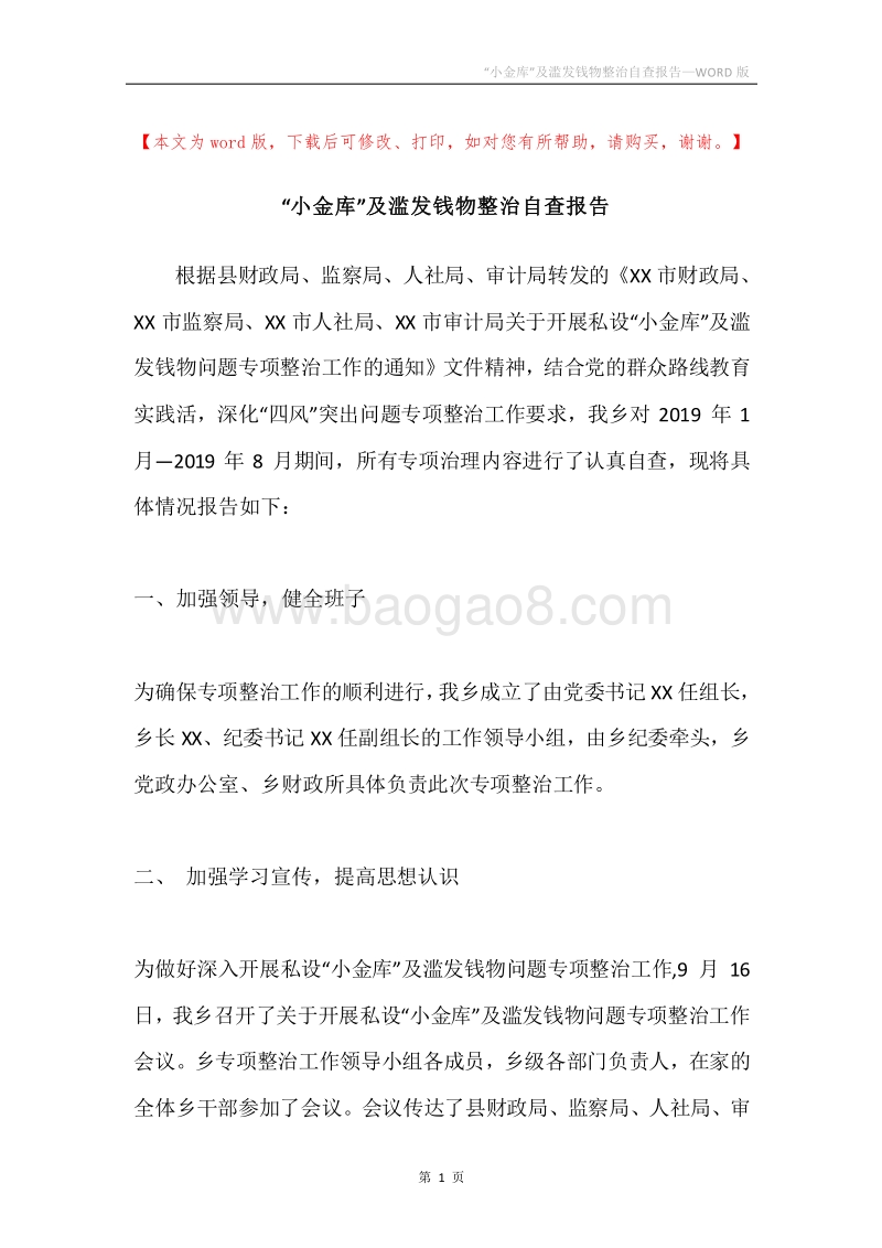 “小金库”及滥发钱物整治自查报告.docx_第1页