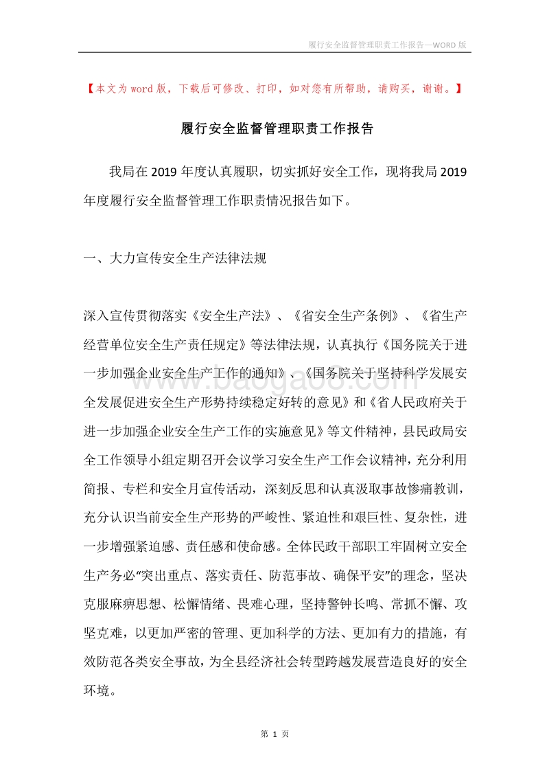 履行安全监督管理职责工作报告.docx_第1页