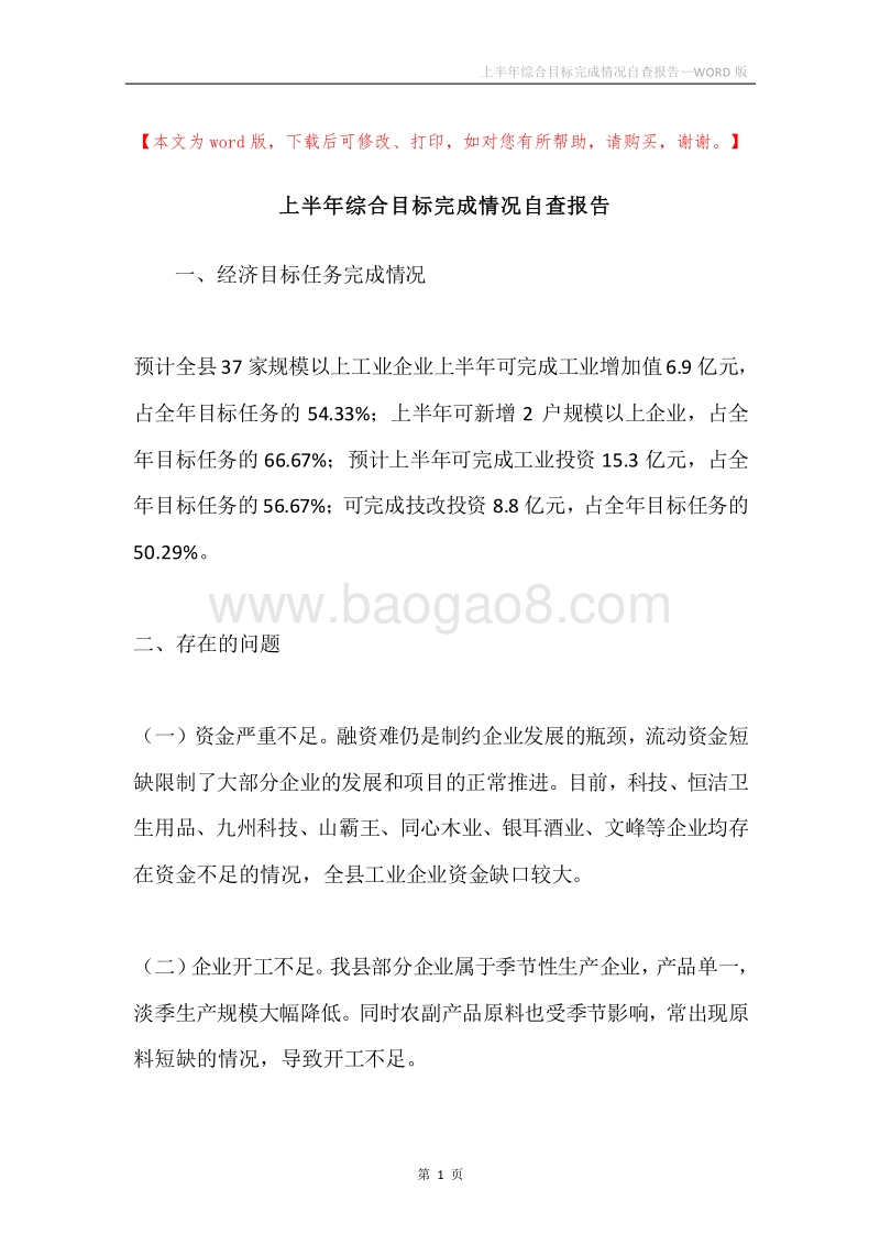 上半年综合目标完成情况自查报告.docx_第1页