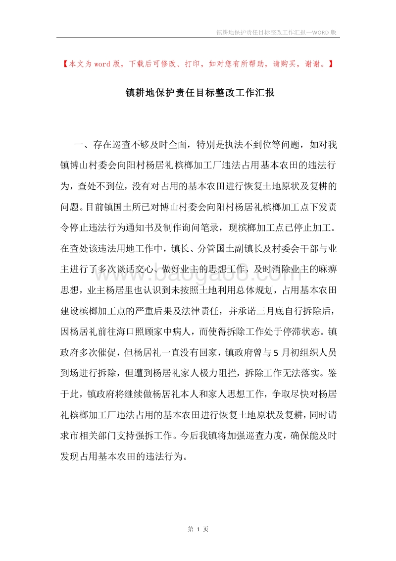 镇耕地保护责任目标整改工作汇报.docx_第1页