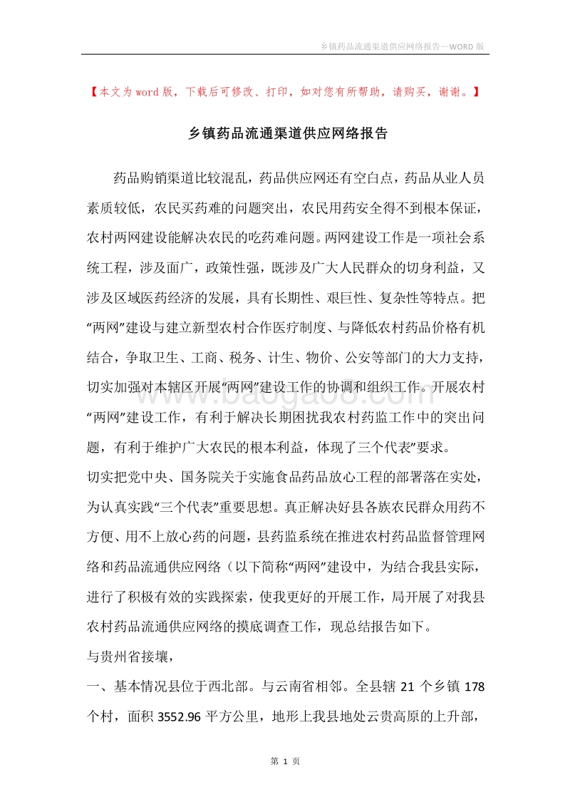 乡镇药品流通渠道供应网络报告.docx_第1页