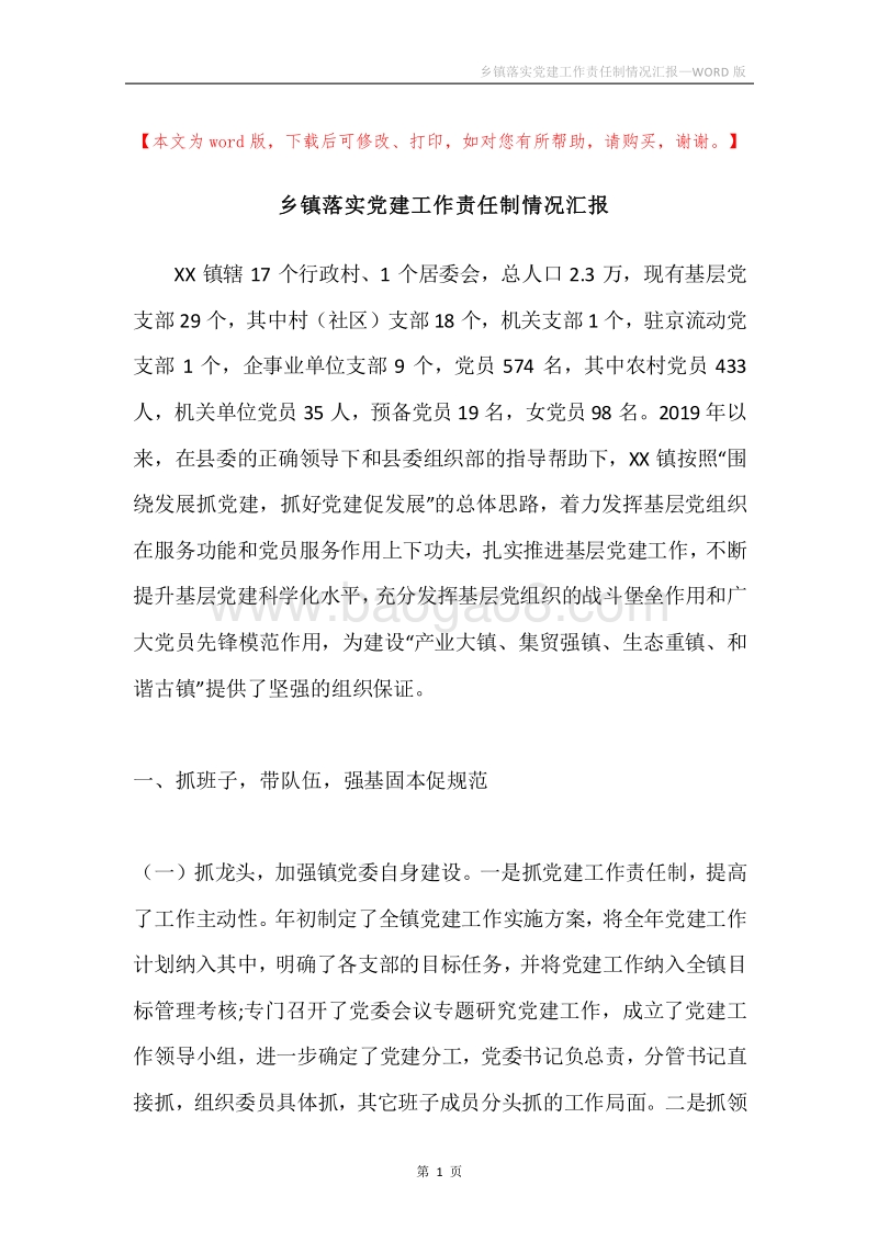 乡镇落实党建工作责任制情况汇报.docx_第1页