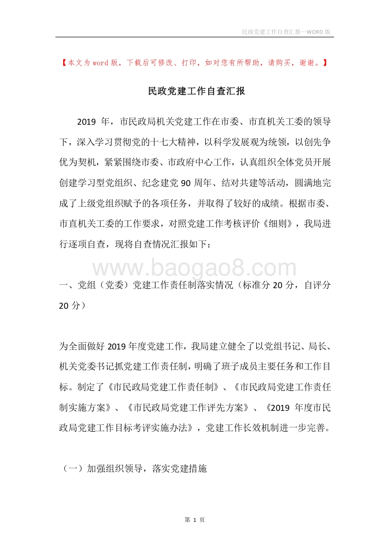 民政党建工作自查汇报.docx_第1页