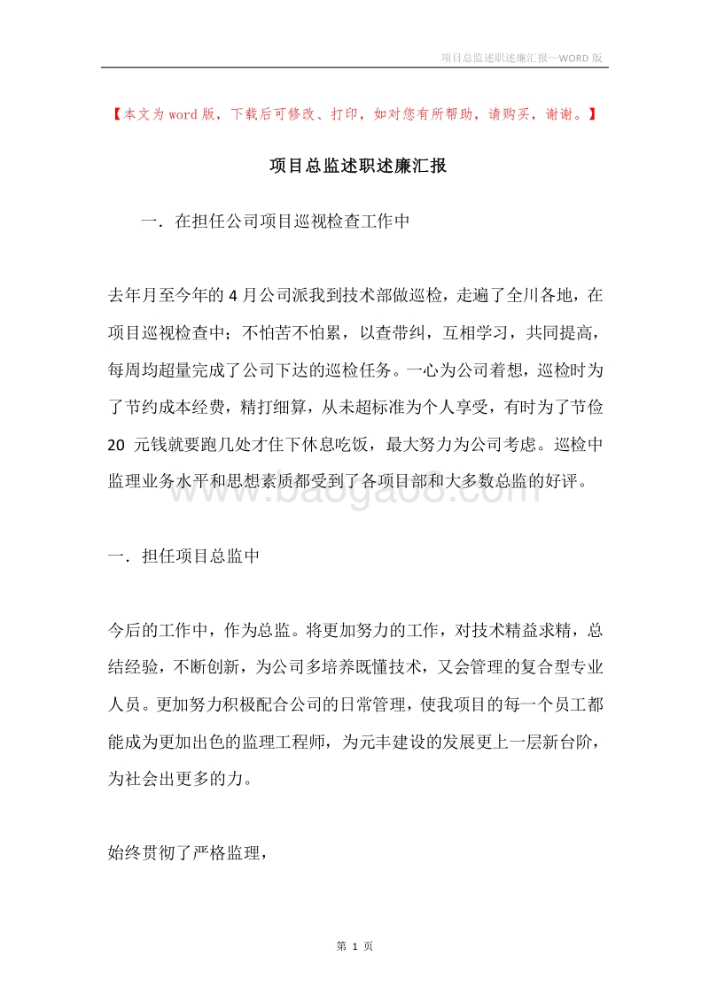 项目总监述职述廉汇报.docx_第1页