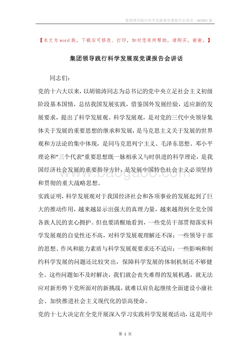 集团领导践行科学发展观党课报告会讲话.docx_第1页