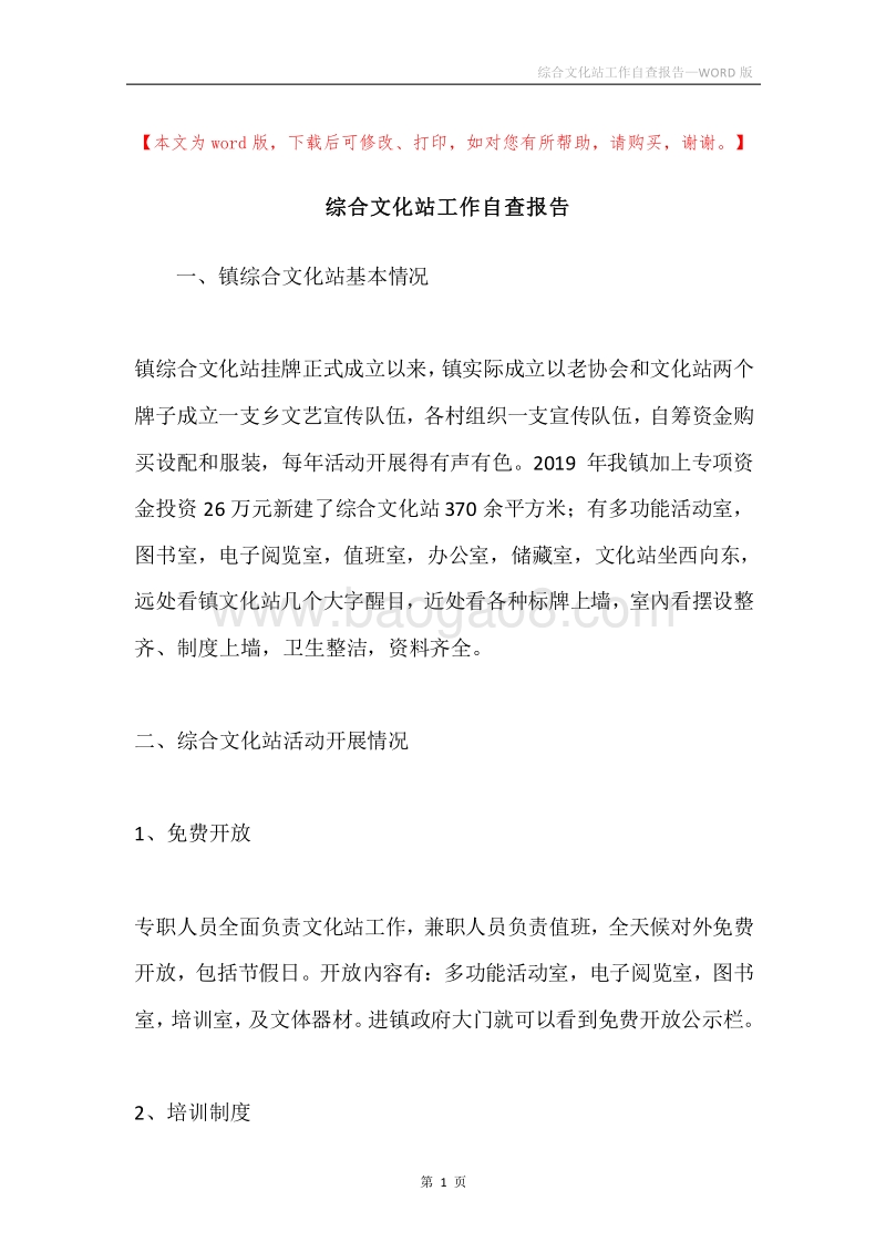 综合文化站工作自查报告.docx_第1页