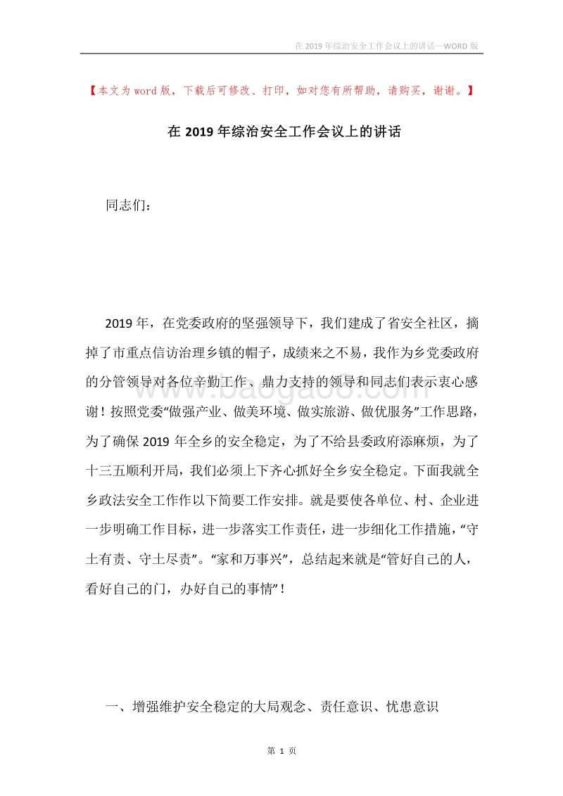在2019年综治安全工作会议上的讲话.docx_第1页